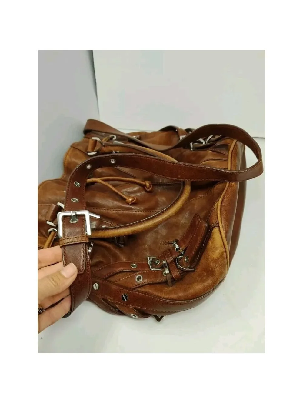 Michael Kors Leather Tote Hobo Shoulder Bag Distressed Look Large Bucket Buckle